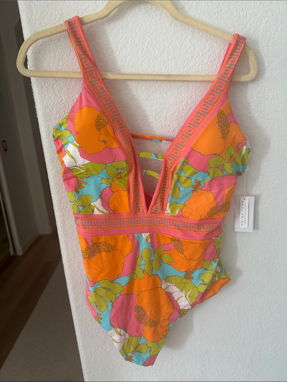 Trina Turk Pink Orange Floral One-Piece with Aqua Accents